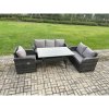 Fimous 6 Seater Garden Rattan Furniture Dining Table Sofa Set Indoor Outdoor with Reclining Chairs Dark Grey Mixed