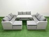 Fimous PE Rattan Lounge Sofa Set 11 Seater Outdoor Garden Furniture Set with Rectangular Dining Table 3 Seater Sofa 2 Big Footstools Light Grey