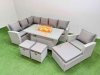 Fimous 10 Seat Rattan Garden Furniture Corner Sofa Set Outdoor Gas Fire Pit Table Sets with 3 Footstools Light Grey