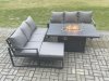 Fimous Aluminium 7 Seater Outdoor Garden Furniture Lounge Sofa Set Gas Fire Pit Dining Table with Big Footstool Dark Grey