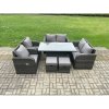 Fimous Wicker PE Rattan Furniture Garden Dining Set Outdoor Height Adjustable Rising lifting Table Love Sofa Chairs With Footstools