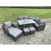 Fimous Outdoor Sofa Rattan Garden Furniture Set Patio Gas Fire Pit Dining Table and Reclining Chair set with Side Table 3 Footstools Dark Grey Mixed