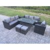 Fimous Outdoor Lounge Sofa Garden Furniture Set Rattan Rectangular Dining Table Patio Chair with 2 Small Footstool 9 Seater Dark Grey Mixed