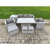 Fimous Outdoor Rattan Garden Funiture Set Height Adjustable Rising Lifting Table Sofa Dining Set with 2 Armchairs Side Table Footstools