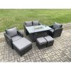 Fimous Rattan Garden Furniture Set Outdoor Patio Gas Fire Pit Dining Table and Chairs with Love seat Sofa 3 Footstools