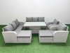 Fimous PE Rattan High Back Lounge Sofa Set Patio Adjustable Lifting Dining or Coffee Table & Chairs Set with 3 Seater Sofa Reclining Chair 2 Big Footstool Light Grey