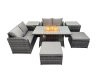 Fimous 6-seater Patio Gas Firpit Dining Table Sofa Sets Rattan Garden Furniture Dining Set with 2 Big Stools 2 Side Tables Dark Grey Mixed