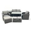 Fimous Outdoor Garden Furniture Set Rattan Sofa Dining Table Set with Reclining Chair 3 Footstool Side Table Dark Grey Mixed