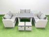 Fimous 8 Seater Patio Garden Furniture Sets with Black Glass Top Dining Table Love Sofa 2 Side Tables 2 Small Stool Light Grey