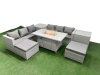Fimous 8 Seat PE Rattan Lounge Sofa Set Outdoor Garden Furniture Set with Firepit Dining Table 3 Seater Sofa 2 Stools 2 Side Tables Light Grey