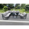 Fimous Aluminum Outdoor Garden Furniture Corner Sofa Chair Adjustable Rising Lifting Dining Table Sets Dark Grey Black Tempered Glass 7 Seater
