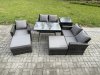 Fimous Garden Dining Set Wicker PE Rattan Outdoor Furniture Sofa with Rectangular Dining Table Double Seat Sofa Side Table 2 Big Footstool Dark Grey Mixed