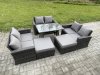 Fimous 8 Seater Garden Dining Set Wicker PE Rattan Outdoor Furniture Sofa with Rectangular Dining Table Double Seat Sofa 2 Big Footstool Dark Grey Mixed