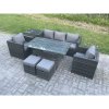 Fimous 7 Seater Rattan Garden Furniture Set Patio Outdoor Rectangular Dining Table Lounge Sofa Chair with Side Table 2 Small Stools Dark Grey Mixed