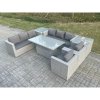 Fimous Rattan Garden Funiture Set Adjustable Rising Lifting Table Sofa Dining Set Lounge Sofa 2 Arm Chair 2 Side Table