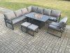 Fimous Aluminium 10 Seater Garden Furniture Outdoor Set Patio Lounge Sofa Gas Fire Pit Dining Table Set with Chair 2 Small Footstool Dark Grey