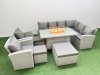 Fimous Rattan Corner Sofa Chair Set Outdoor Furniture Garden Dining Set Gas Fire Pit Table with Temper Glass 3 Footstools Light Grey Mixed