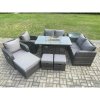 Fimous 9 Seater Rattan Garden Furniture Set Propane Gas Fire Pit Table and Sofa Chair set with 3 Footstool Side Table