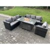 Fimous Outdoor Rattan Garden Furniture Sofa Set Gas Fire Pit Dining Table Gas Heater Burner With Armchair 7 Seater Dark Grey Mixed