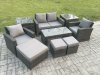 Fimous 9 PCS Outdoor Lounge Sofa Set Wicker PE Rattan Garden Furniture Set with Rectangular Coffee Table Armchair 3 Footstools Dark Grey Mixed