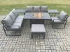 Fimous Aluminium 7 Pieces Garden Furniture Sofa Set with Cushions 8 Seater Gas Fire Pit Dining Table Set with 2 Side Tables Big Footstool Dark Grey