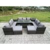 Fimous 11 Seater Outdoor Rattan Garden Furniture Sofa Set Patio Adjustable Rising Lifting Dining Table Set with Side Table 2 Big Footstools Dark Grey Mixed