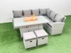 Fimous 8 Seat Rattan Garden Furniture Corner Sofa Set Outdoor Gas Fire Pit Table Set with 2 Small Footstools Light Grey