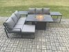 Fimous Aluminium 7 Seater Outdoor Garden Furniture Lounge Sofa Set Gas Fire Pit Dining Table with Big Footstool 2 Side Tables Dark Grey