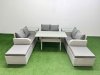 Fimous 8 Seater PE Wicker Rattan Furniture Sofa Sets with Rectangular Dining Table 2 Seater Love Sofa 2 Big Footstool 2 Side Table Light Grey