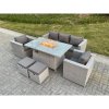 Fimous Light Grey Rattan Garden Furniture Set Gas Fire Pit Dining Table Set Heater Burner Chairs With 2 PC Stools
