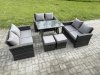 Fimous Outdoor Lounge Sofa Set Wicker PE Rattan Garden Furniture Set with Rectangular Dining Table 2 Seat Sofa 2 Small Footstools Dark Grey Mixed