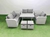 Fimous 7 Seater Outdoor Rattan Garden Furniture Set Love Sofa Reclining Chair Set with Rectangular Dining Table 2 Side Tables 2 Small Footstools Light Grey