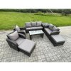 Fimous 9 Seater Outdoor Rattan Garden Furniture Set Rattan Lounge Sofa Set with Rectangular Coffee Table Side Table 2 Big Footstool Dark Grey Mixed