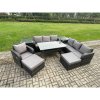 Fimous 9 Seater Outdoor Rattan Garden Furniture Set Oblong Rectangular Dining Table and Chairs Set with 3 Seater Sofa 2 Big Footstool 2 Side Tables Dark Grey Mixed