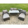 Fimous Rattan Outdoor Garden Furniture Set Rectangular Dining Table and Chair Sofa Set With Side Table 2 Big Footstool Dark Grey Mixed