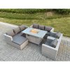 Fimous Light Grey Rattan Garden Furniture Set Gas FirePit Dining Table Heater Burner Lounge Sofa Set Chairs Footstool