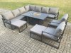 Fimous Aluminium 11 Seater Garden Furniture Outdoor Set Patio Lounge Sofa Gas Fire Pit Dining Table Set with 2 Chair 2 Big Footstools Dark Grey