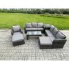 Fimous Outdoor Lounge Sofa Set 9 Seater Rattan Garden Furniture Set with Rectangular Coffee Table 2 Big Footstool 3 Seater Sofa Side Table Dark Grey Mixed