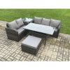 Fimous Outdoor Garden Patio Furniture Wicker Rattan Oblong Rectangular Dining Table and Lounge Sofa set with Side Table Big Footstool Dark Grey Mixed