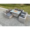 Fimous Light Grey Rattan Garden Furniture Set Gas FirePit Dining Table Heater Burner Lounge Sofa Set Chairs Footstool