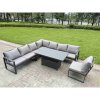 Fimous L-shaped Garden Furniture Set 13-Seater Aluminium Outdoor Dining Set with Adjustable Rising Lifting Dining Table 3 Footstools 3 Chairs Dark Grey