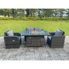 Fimous Dark Mixed Grey Rattan Outdoor Garden Furniture Gas Fire Pit Table Sets Gas Heater Love Sofa Reclining Adjustable Chairs 4 Seater