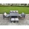 Fimous 7-Piece Aluminium Garden Furniture Sets 6 Seater Outdoor Sofa Set with Adjustable Rising Lifting Dining Table 2 Chairs Big Footstool 2 Side Tables