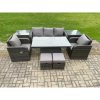 Fimous Outdoor Rattan Furniture Garden Dining Sets Height Adjustable Rising lifting Table Sofa Set With Chairs Side Tables 2 Small Footstools
