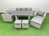 Fimous Patio Garden Furniture Sets with Black Glass Top Dining Table Armchair 3 Seater Sofa 2 Side Tables 3 Stool Light Grey