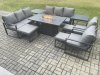 Fimous Aluminium Garden Furniture Outdoor Set Patio Lounge Sofa Gas Fire Pit Dining Table Set with 3 Footstools 2 Side Tables Dark Grey