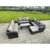Fimous Outdoor Lounge Sofa Set 10 Seater Rattan Garden Furniture Set with Rectangular Coffee Table Big Footstool 3 Seater Sofa Dark Grey Mixed