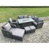 Fimous 9 Seater Rattan Garden Furniture Set Propane Gas Fire Pit Table and Sofa Chair set with 3 Footstool Side Table