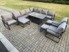 Fimous Aluminium Lounge Corner Sofa Outdoor Garden Furniture Sets Gas Fire Pit Dining Table Set with 3 Chairs 3 Footstools Dark Grey