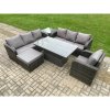 Fimous Outdoor Rattan Garden Furniture Sets Height Adjustable Rising lifting Dining Table Sofa Set with Reclining Chair Big Footstool Side Table Dark Grey Mixed